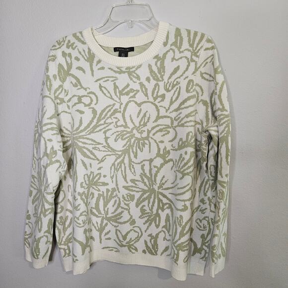 Tahari Womens 1X Sweater White & Green Floral Crew Neck Super Soft - Picture 1 of 9